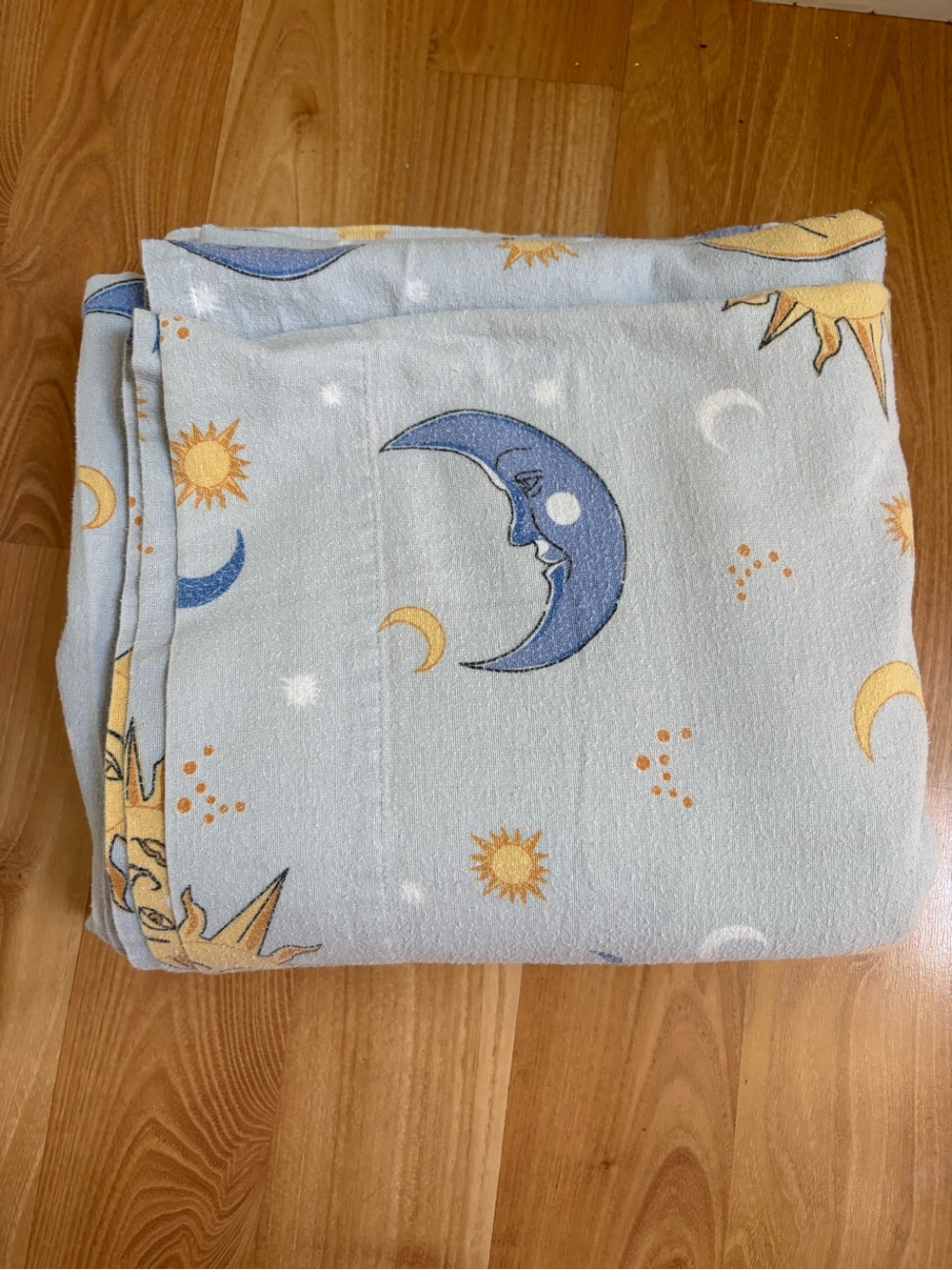 Vintage 90s Soft Light Blue Moon & Sun Sheet 100% cotton Flannel